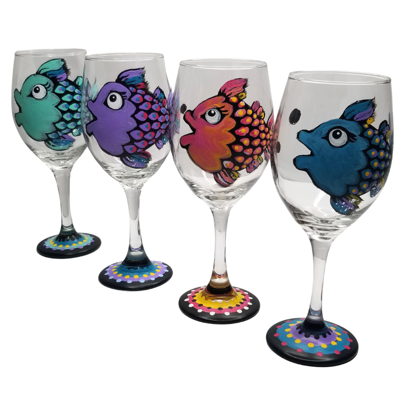Sparkling Fish Hand Painted Wine Glasses Set of 4 Glassware