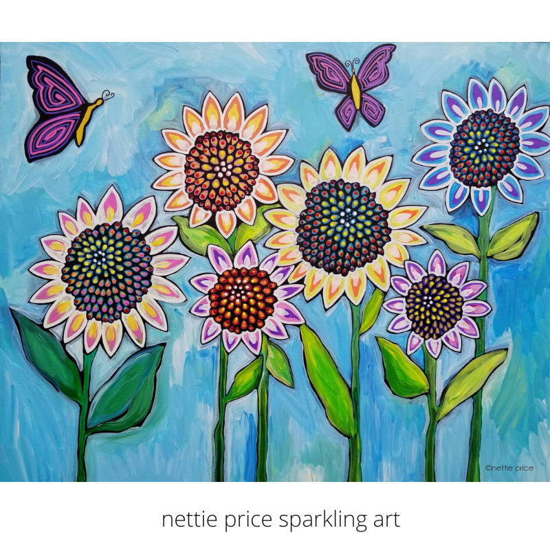 Sunflowers Butterflies Sparkling Art Print