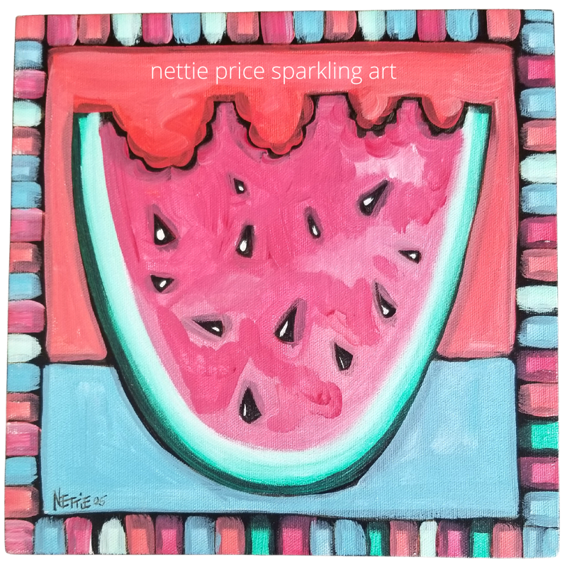 Watermelon Original Acrylic Sparkling Painting on Canvas 10x10x1