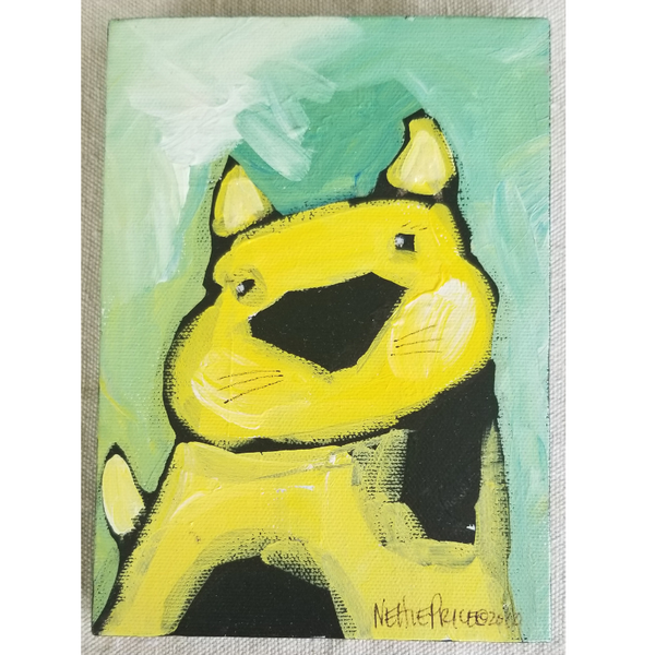 Yellow Dog Original Acrylic Sparkling Painting on Canvas 5x7x1